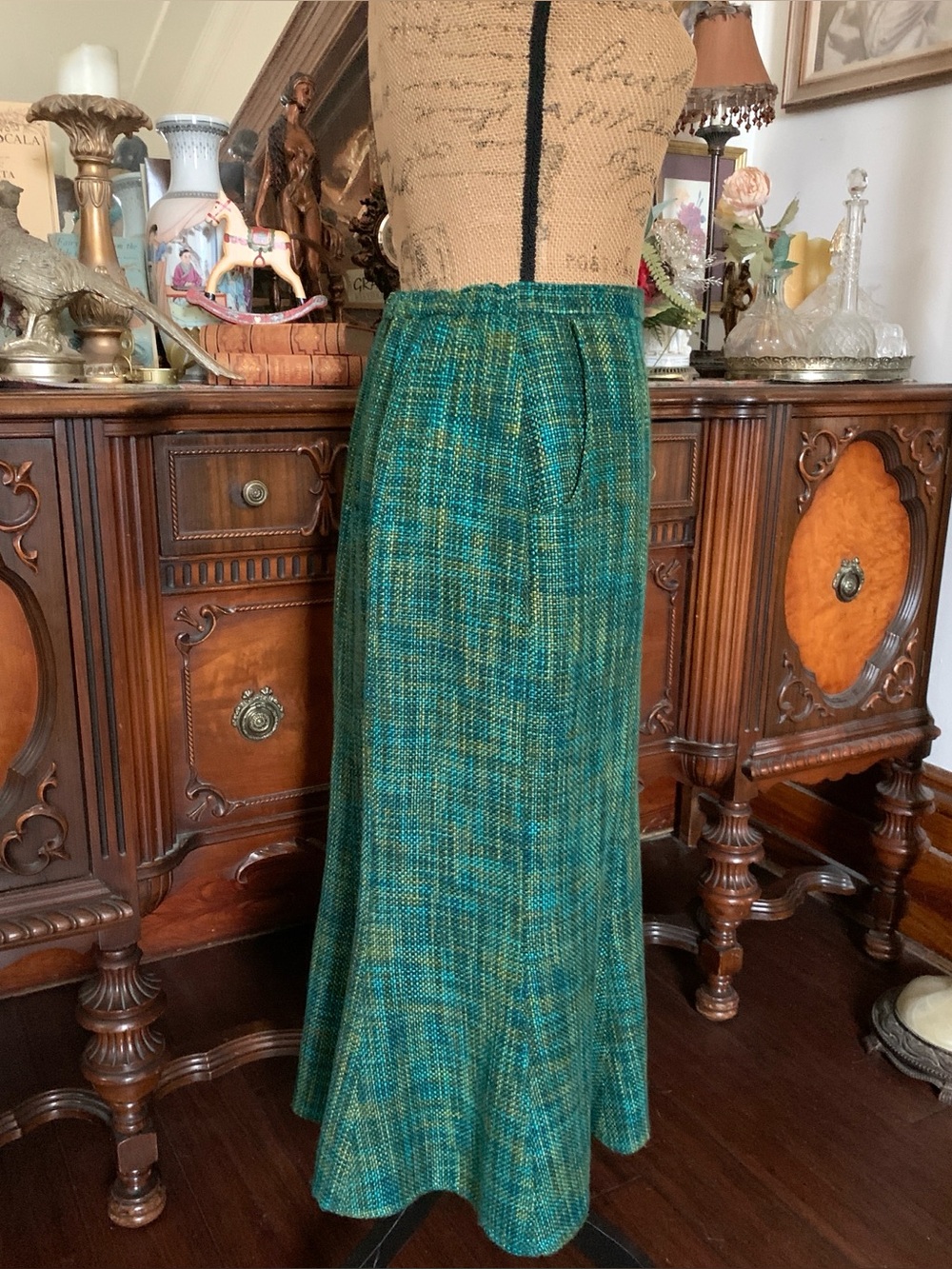 Vintage Victorian-inspired 50's-inspo Edwardian-inspo Turquoise Tweed Skirt - Picture 3 of 16